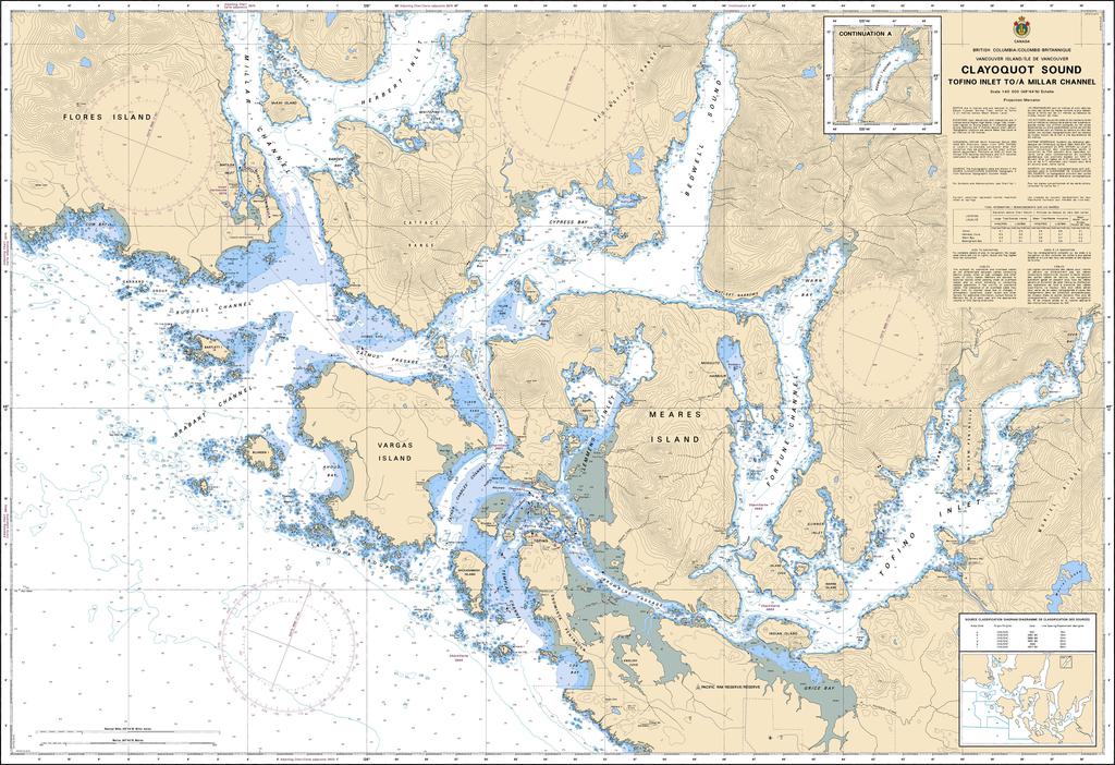 Nautical chart of Clayoquot Sound with topographic details
