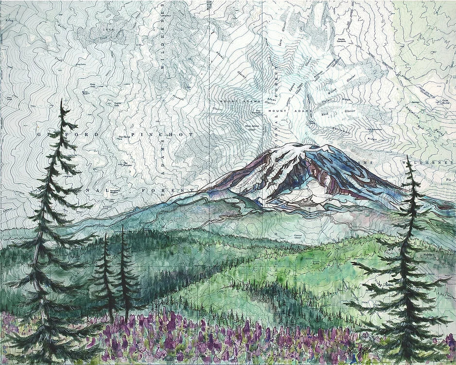 A scenic landscape artwork showing a snow-capped mountain rising above green hills and evergreen trees, with purple wildflowers in the foreground and a topographic-style contour pattern across the sky.