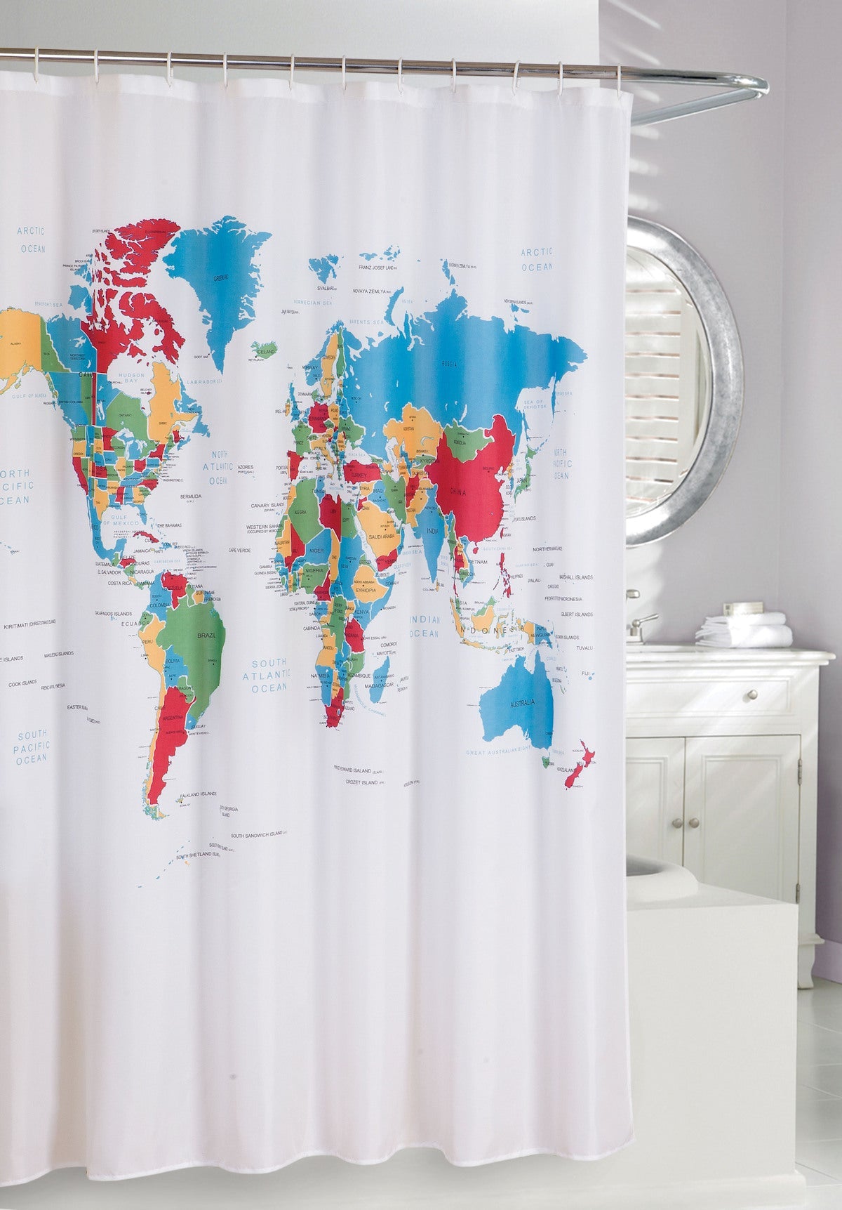 World map shower curtain in a bathroom setting