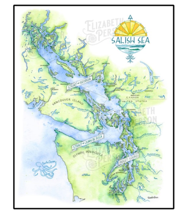 Salish Sea Watercolor Map by Elizabeth Person