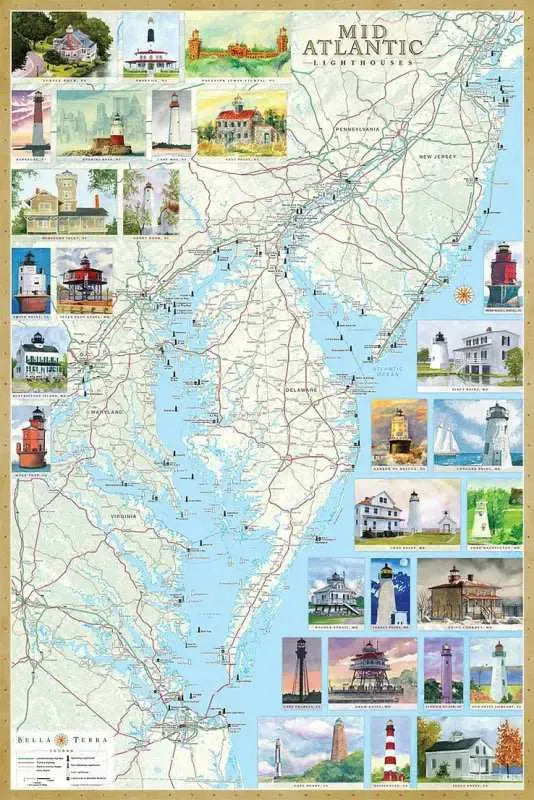 Mid-Atlantic Lighthouses Map by Bella Terra