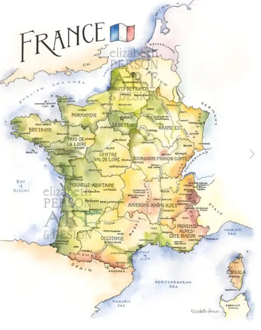 France Watercolor Map by Elizabeth Person