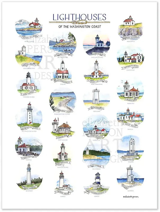 Lighthouses of Washington State Watercolor Print by Elizabeth Person