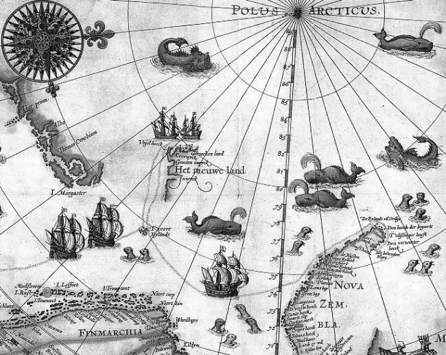 Vintage map of the Arctic region with navigational symbols and text - detailed view