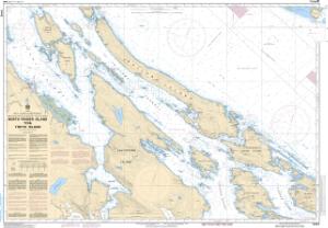 Nautical chart of a coastal area with various symbols and text