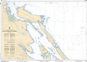 Nautical chart of a coastal area with various waterways and labels.