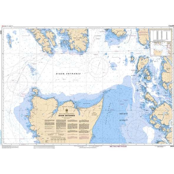 Nautical map of the Dorn Entrance and Hecate Strait with geographical features and labels.