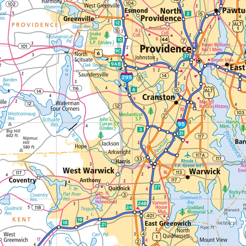 Connecticut & Rhode Island State Highway Laminated Map by Rand McNally (Easy to Fold) - Map Detail