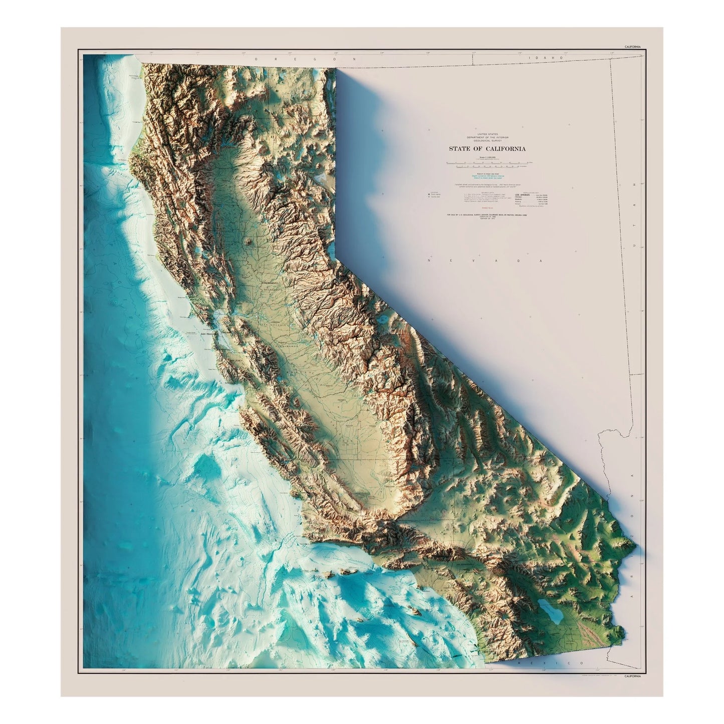 Topographic map of the State of California with color differentiation