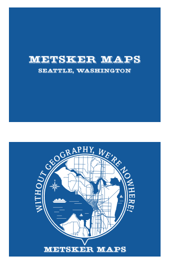 Metsker Maps branding with a map of Seattle on a blue background