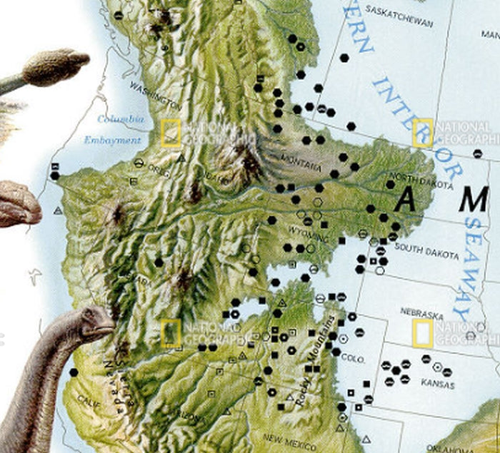 Dinosaurs of North America Wall Map by National Geographic - Map Detail