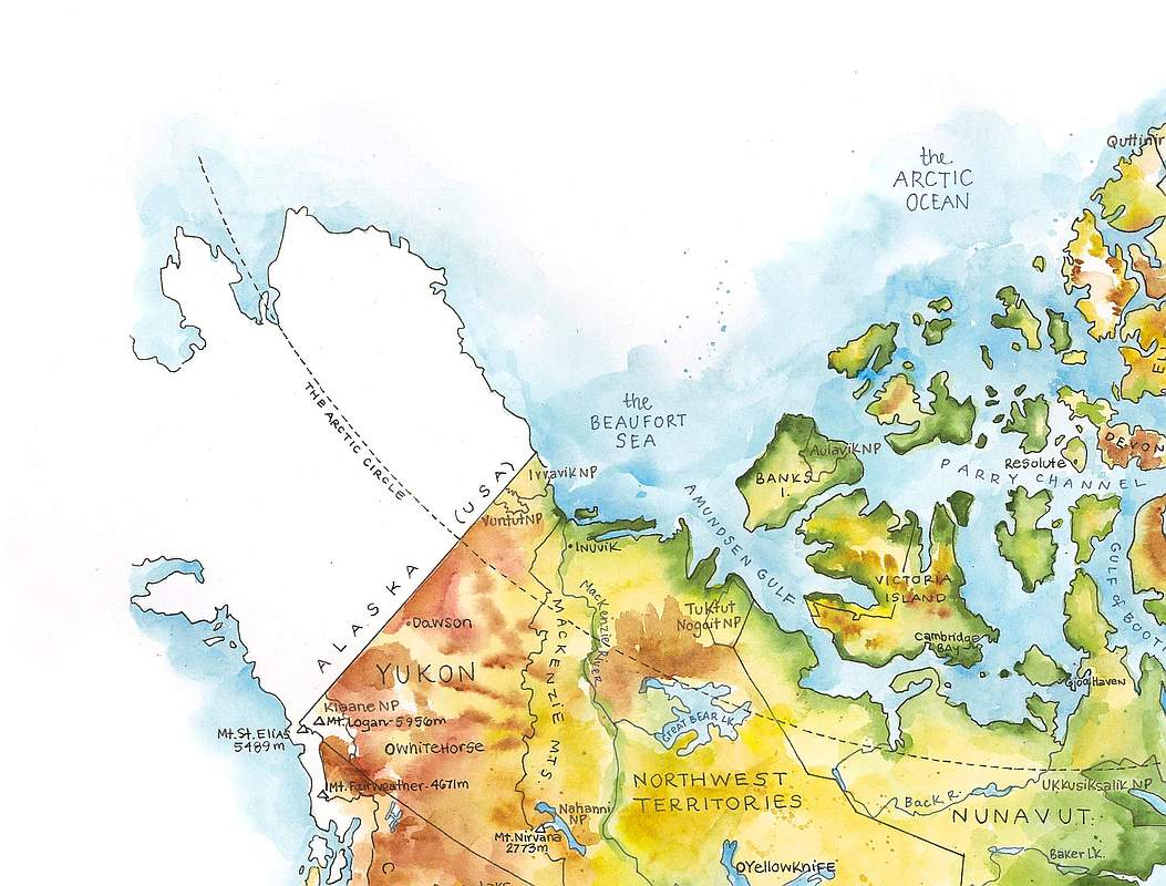 Canada Watercolor Map by Elizabeth Person - NW Detail