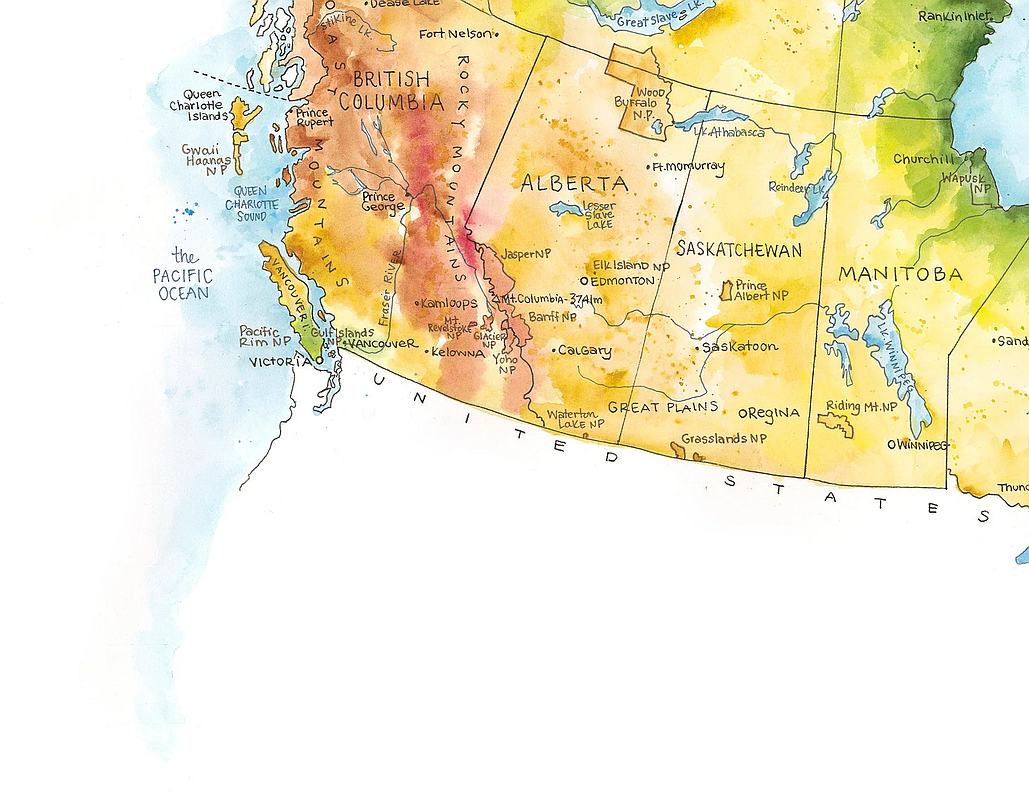 Canada Watercolor Map by Elizabeth Person - SW Detail