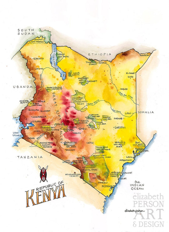 Kenya Watercolor Map by Elizabeth Person