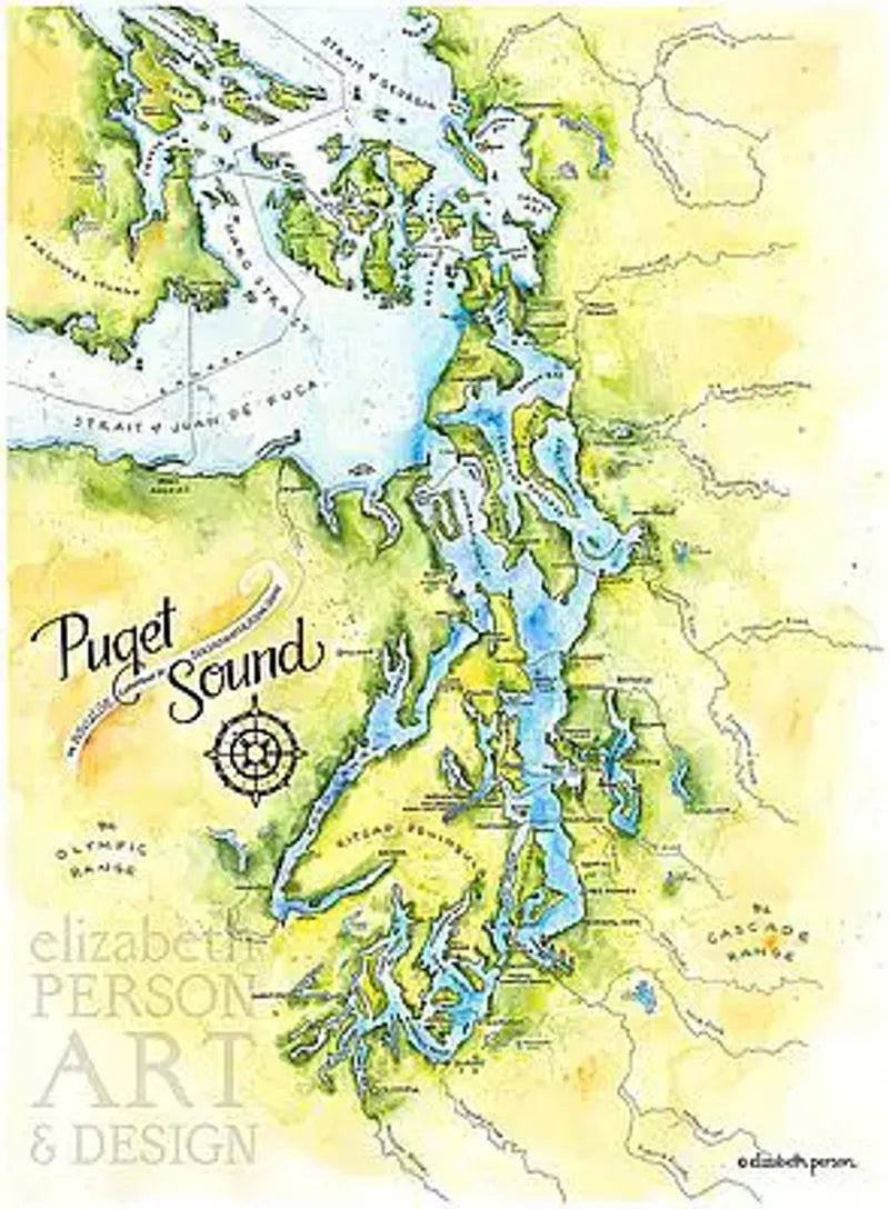 Puget Sound Watercolor Map by Elizabeth Person