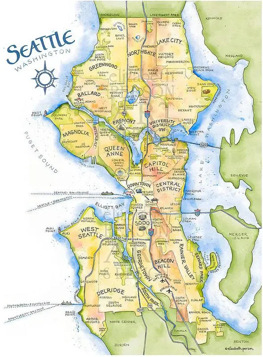 Seattle Watercolor Art Print by Elizabeth Person Design - 11"x14"