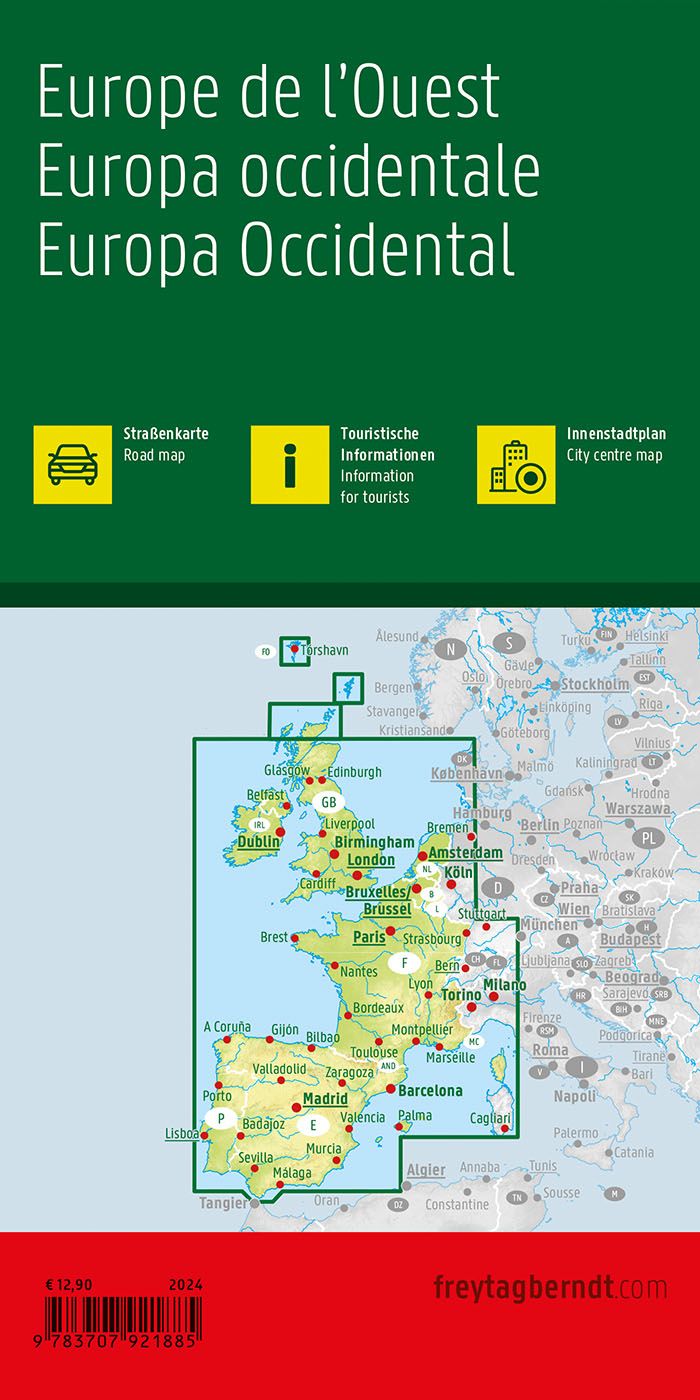 Western Europe Road Map by Freytag & Berndt - Back Cover Coverage Map