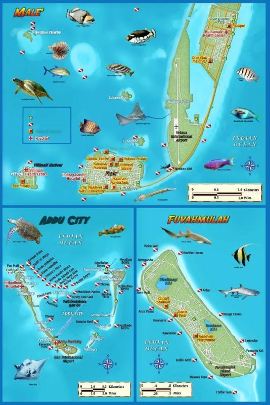 Republic of Maldives Map & Dive Guide by Franko Maps - Backside Map Insets