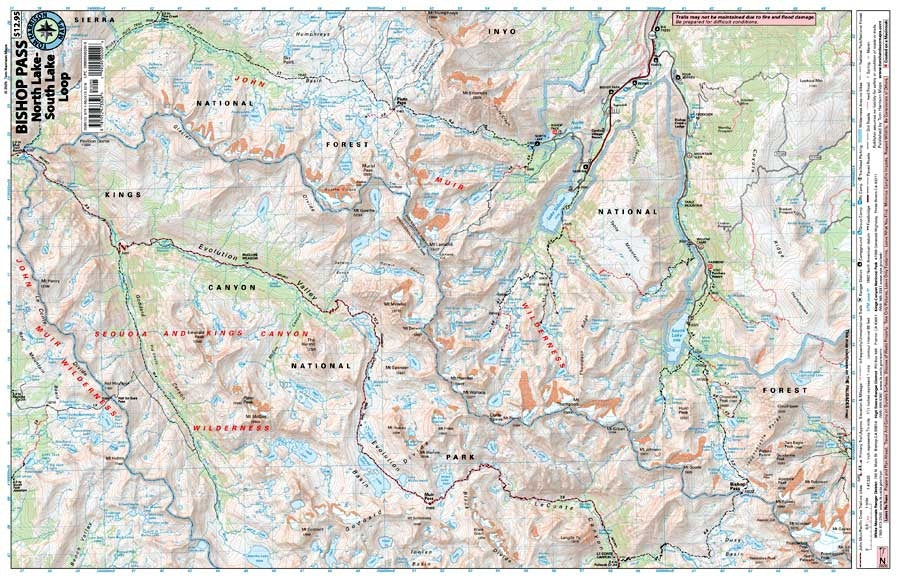 Bishop Pass (North Lake - South Lake Loop) Hiking Map by Tom Harrison - Map