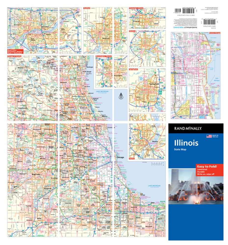 Illinois State Highway Laminated Map by Rand McNally (Easy to Fold) - Backside Map Insets