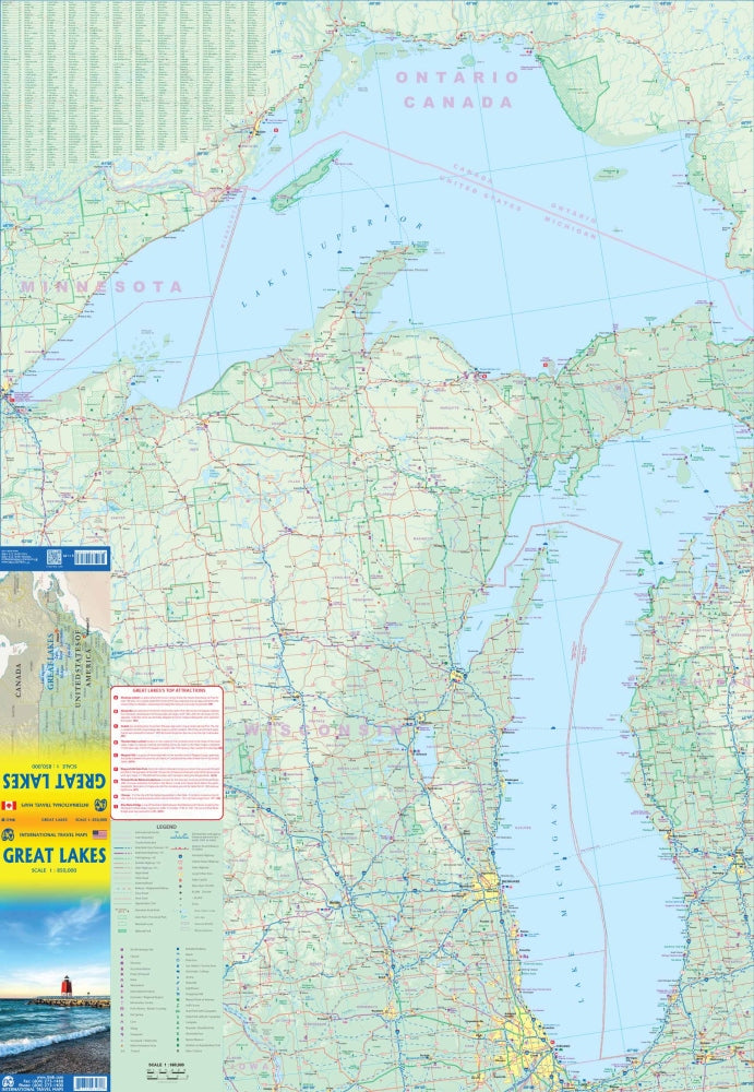 Great Lakes Area Travel & Reference Map by ITMB - Lake Superior & Lake Michigan Area Map