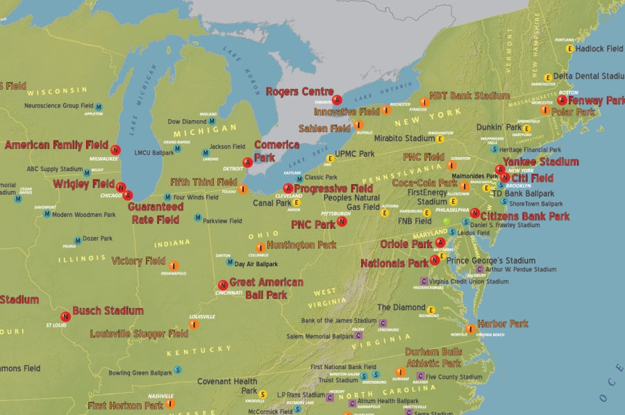 Professional Baseball Stadium Locations Map - "Chasing Diamonds" - Detail
