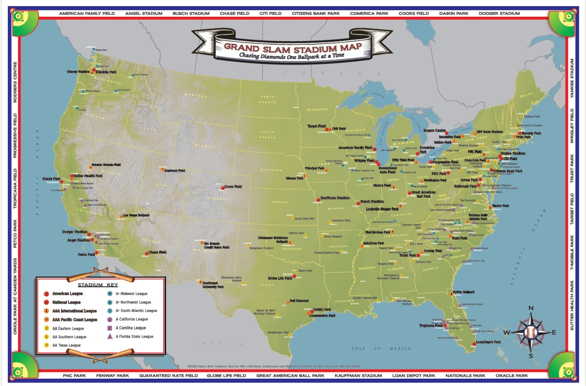 Professional Baseball Stadium Locations Map - "Chasing Diamonds"