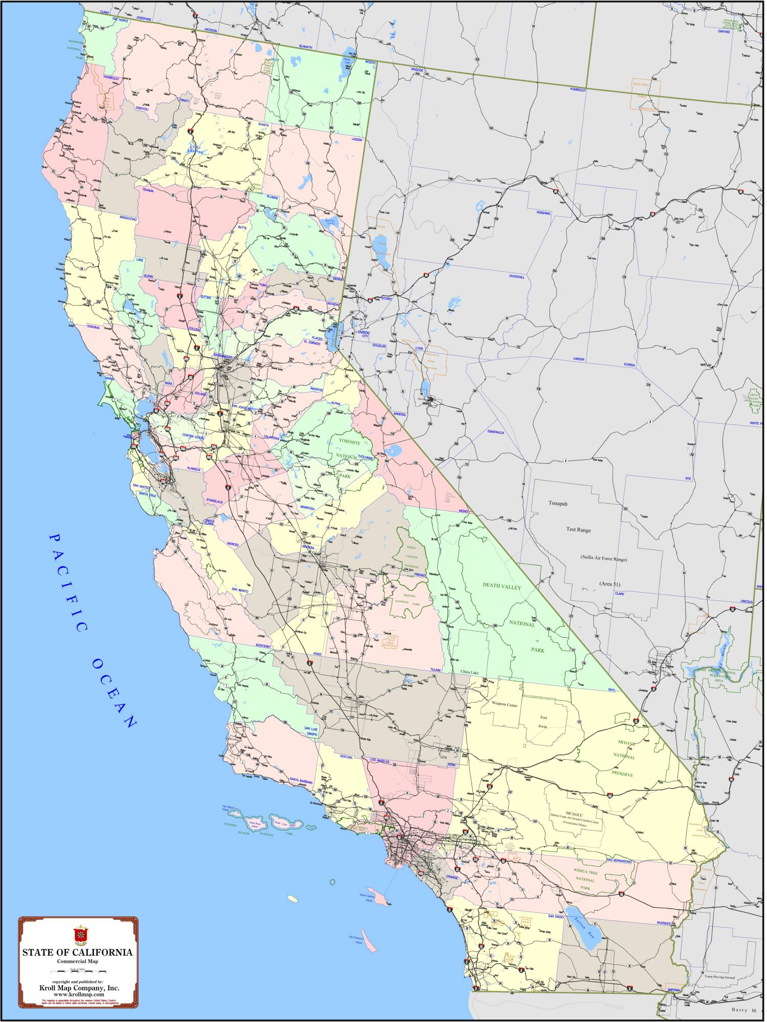 California Wall Map with County Shading