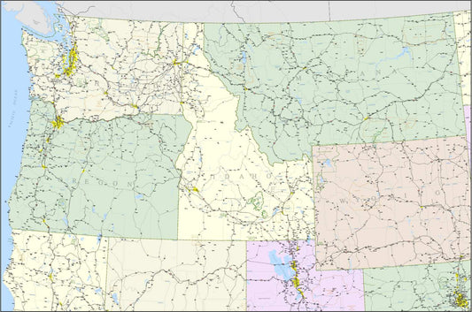 Pacific Northwest States Commercial Map with Wyoming