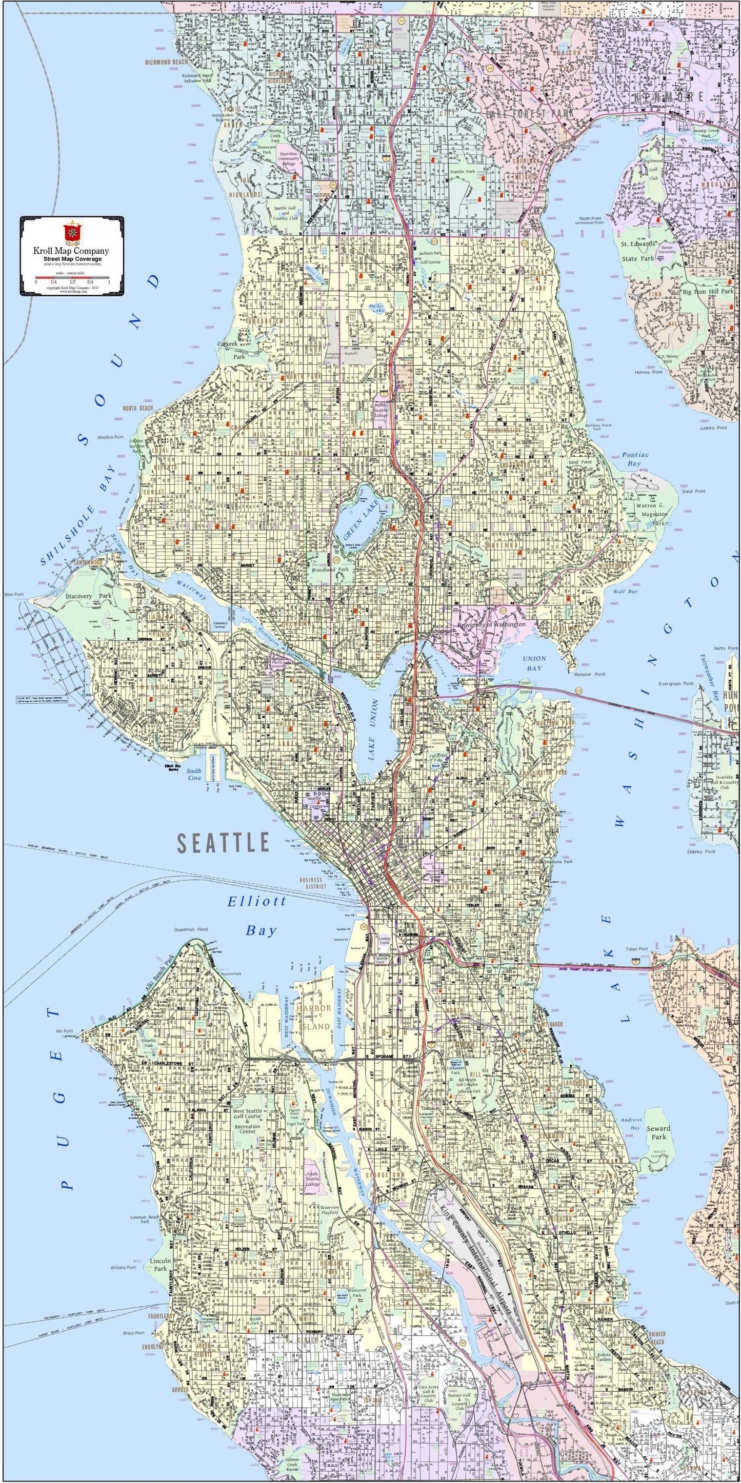 Seattle Detailed Street Map for your wall - 3' x 6' by Kroll Map Company