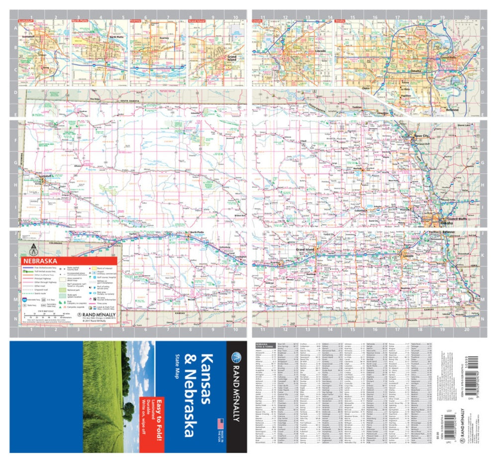 Kansas & Nebraska State Highway Laminated Map by Rand McNally (Easy to Fold) - Nebraska Map