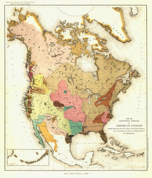 Antique Map of American Indian Linguistics 1890