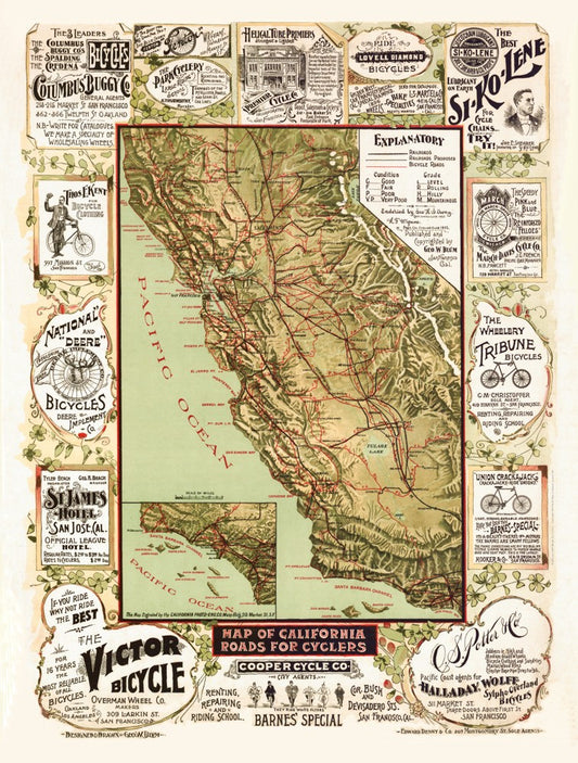 Antique Map of California 1895 - Cycling Map