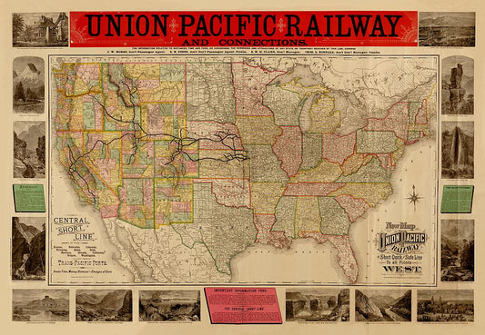 1883 Union Pacific Railroad Antique Map Reproduction