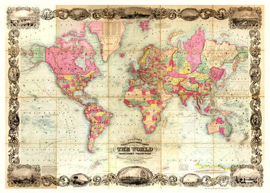 1854 World Map Antique Reproduction