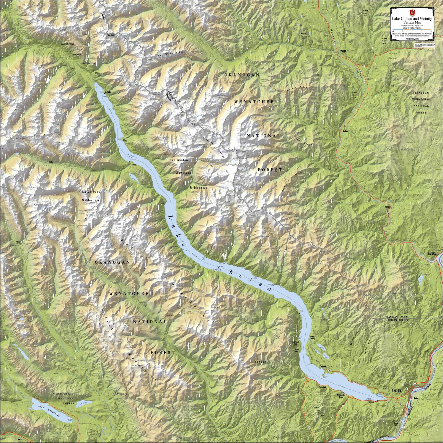Lake Chelan Wall Map with Terrain Shading by Kroll Map Company