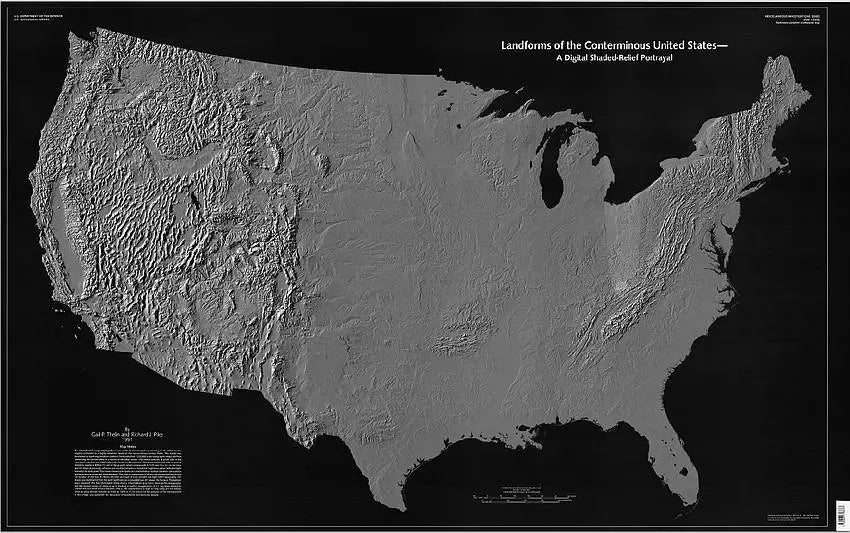 A gray shaded relief map of the United States of America showing major landforms without indicating highways or cities.