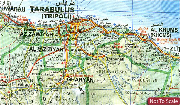 Map of Tripoli with labeled locations and roads