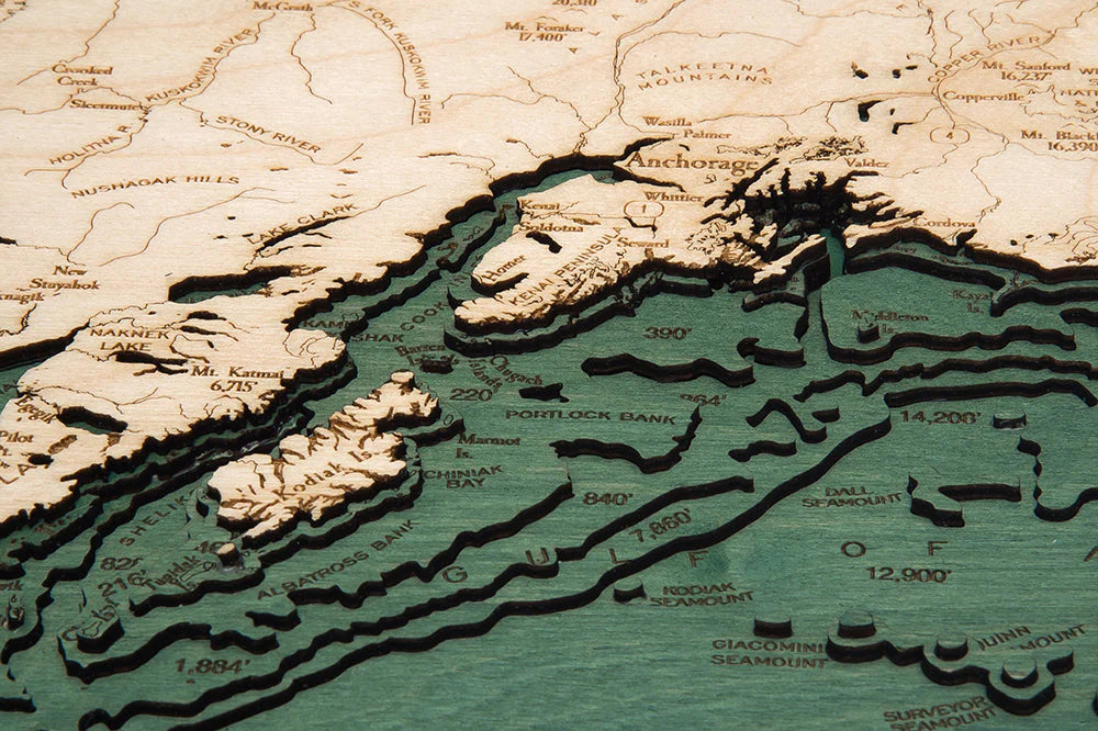 Alaska 3D Nautical Wood Chart - Dark Frame Kenai Peninsula Detail