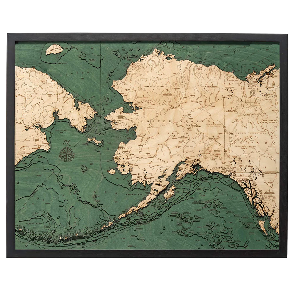 Alaska 3D Nautical Wood Chart - Dark Frame