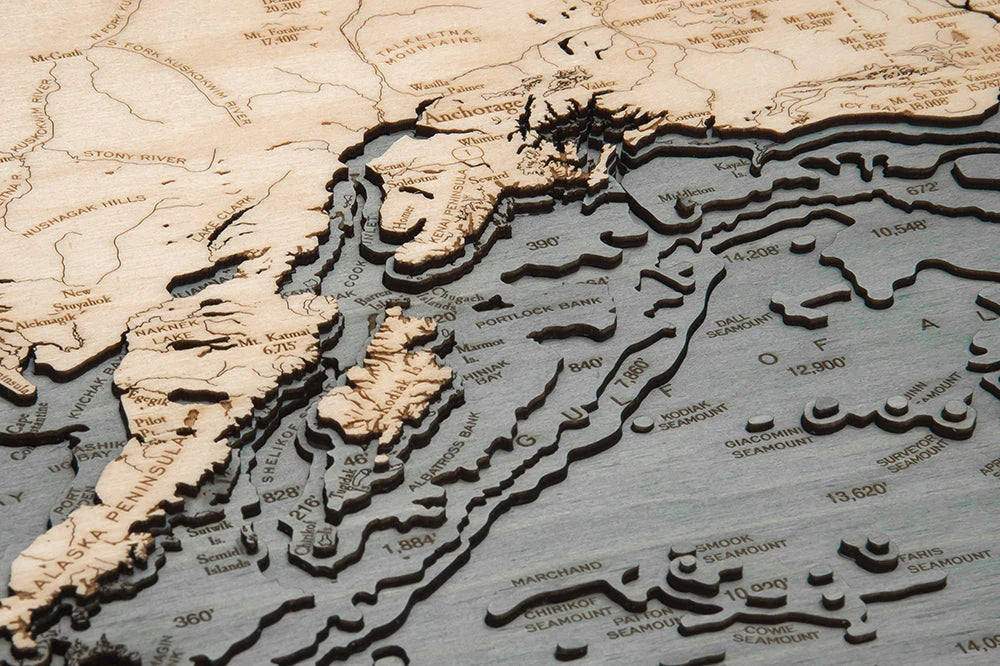 Alaska 3D Nautical Wood Chart - Gray Frame Kodiak Island Detail