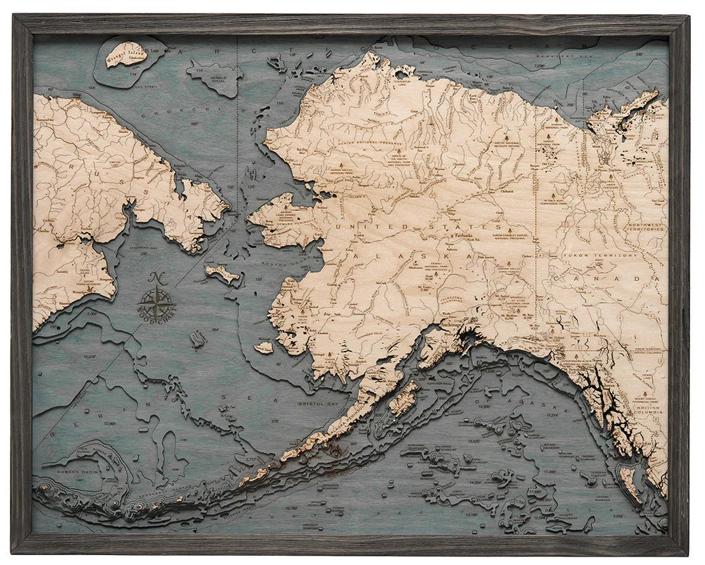 Alaska 3D Nautical Wood Chart - Gray Frame