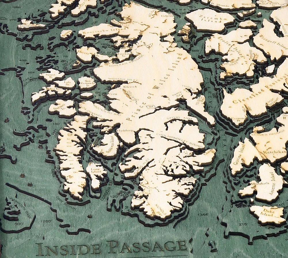 Alaska's Inside Passage 3D Nautical Wood Chart - Dark Frame Detail (Prince of Wales Island)