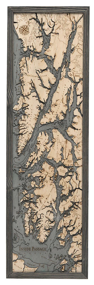 Alaska's Inside Passage 3D Nautical Wood Chart - Gray Frame