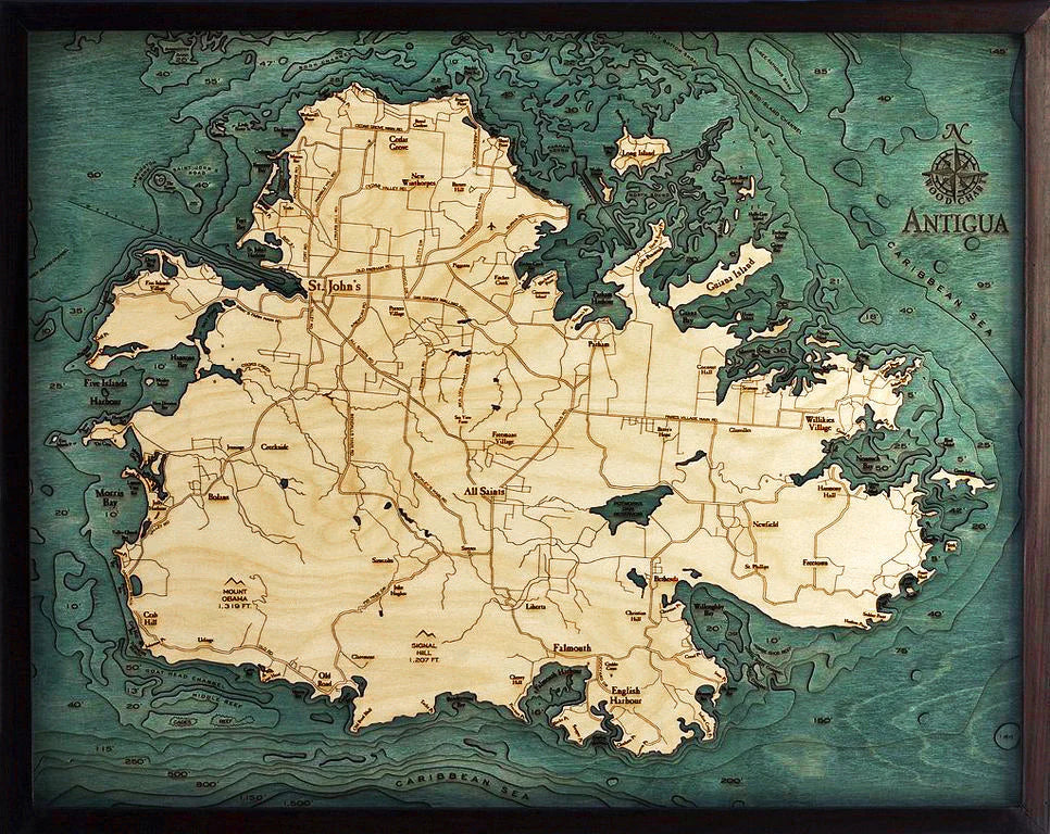 Antigua 3D Nautical Wood Chart - Dark Frame