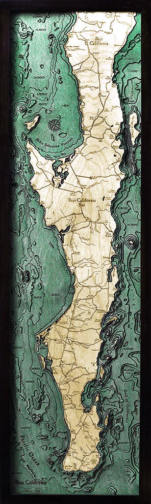 Baja Peninsula 3D Nautical Wood Chart - Dark Frame