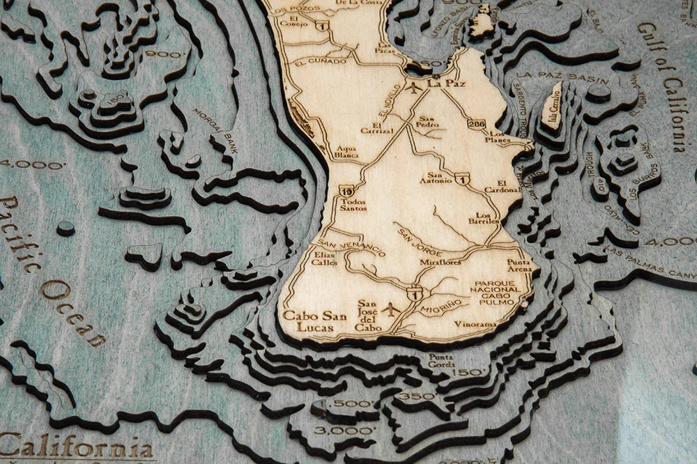 Baja Peninsula 3D Nautical Wood Chart - Gray Frame Detail (Cabo San Lucas)