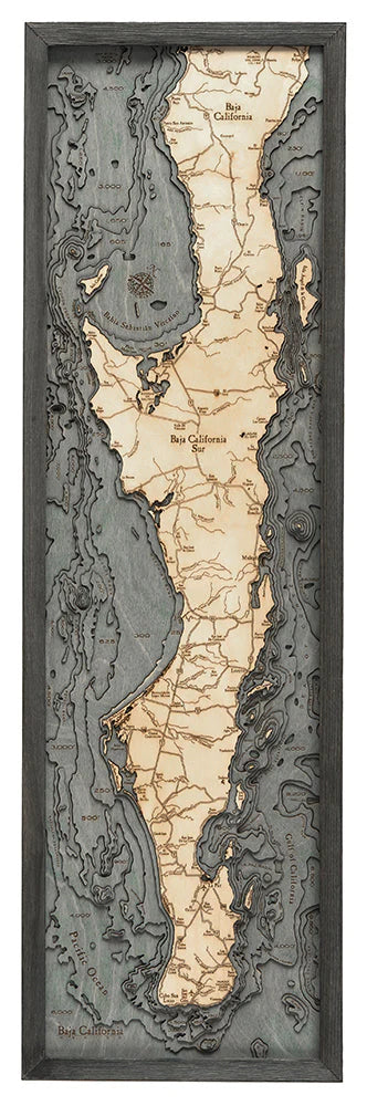 Baja Peninsula 3D Nautical Wood Chart - Gray Frame