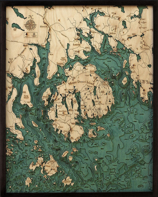 Bar Harbor / Mount Desert Island, ME 3D Nautical Wood Chart - Dark Frame