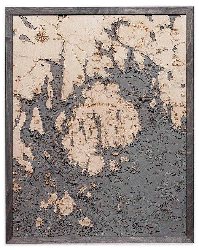 Bar Harbor / Mount Desert Island, ME 3D Nautical Wood Chart - Gray Frame